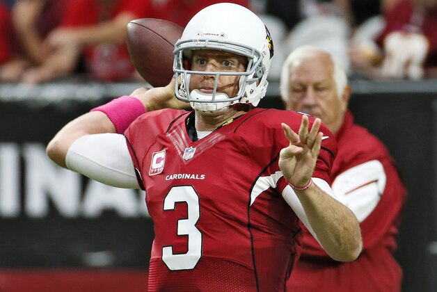 Arizona Cardinals quarterback Carson Palmer (3) warms up before an NFL football game against the Washington Redskins, Sunday, Oct. 12, 2014, in Glendale, Ariz. (AP Photo/Matt York)
