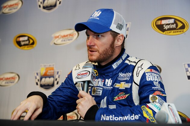 RICHMOND, VA - SEPTEMBER 05:  Dale Earnhardt Jr., driver of the #88 Nationwide Insurance Chevrolet, speaks to the media at Richmond International Raceway on September 5, 2014 in Richmond, Virginia.  (Photo by Rainier Ehrhardt/Getty Images)