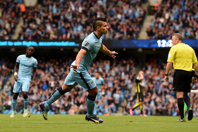 MANCHESTER, ENGLAND - OCTOBER 18:  Sergio Aguero of Manchester City celebrates after scoring the opening goal during the Barclays Premier League match between Manchester City and Tottenham Hotspur at Etihad Stadium on October 18, 2014 in Manchester, England.  (Photo by Michael Regan/Getty Images)