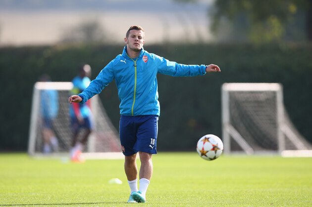ST ALBANS, ENGLAND - SEPTEMBER 30:  Jack Wilshere of Arsenal in action during an Arsenal training session ahead of their UEFA Champions League Group D match against Galatasaray at London Colney on September 30, 2014 in St Albans, England.  (Photo by Paul Gilham/Getty Images)