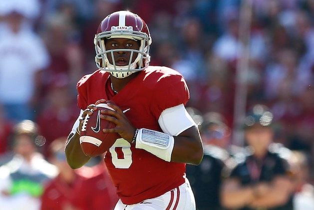 TUSCALOOSA, AL - OCTOBER 18:  Blake Sims #6 of the Alabama Crimson Tide looks to pass against the Texas A&M Aggies at Bryant-Denny Stadium on October 18, 2014 in Tuscaloosa, Alabama.  (Photo by Kevin C. Cox/Getty Images)