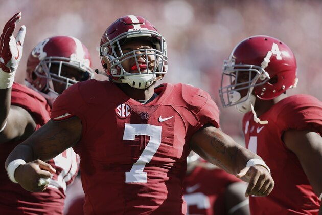Alabama linebacker Ryan Anderson (7) celebrates after sacking a Texas A&M quarterback during the first half of an NCAA college football game on Saturday, Oct, 18, 2014, in Tuscaloosa, Ala. (AP Photo/Brynn Anderson)