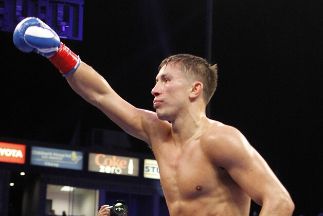 Gennady Golovkin, of Kazakhstan, celebrates after defeating Marco Antonio Rubio in the second round during the WBC interim middleweight title boxing bout Saturday, Oct. 18, 2014, in Carson, Calif. (AP Photo/Alex Gallardo)