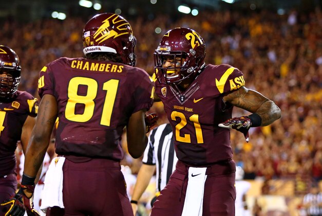 Oct 18, 2014; Tempe, AZ, USA; Arizona State Sun Devils wide receiver Jaelen Strong (21) celebrates with teammate Gary Chambers after catching a touchdown pass in the second quarter against the Stanford Cardinal at Sun Devil Stadium. Mandatory Credit: Mark J. Rebilas-USA TODAY Sports
