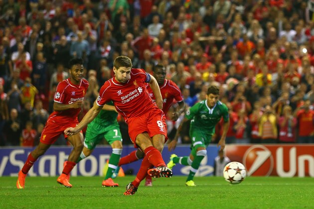 LIVERPOOL, ENGLAND - SEPTEMBER 16: Steven Gerrard of Liverpool scores their second goal from the penalty spot during the UEFA Champions League Group B match between Liverpool FC and PFC Ludogorets Razgrad at Anfield on September 16, 2014 in Liverpool, United Kingdom. (Photo by Clive Brunskill/Getty Images) LIVERPOOL, ENGLAND - SEPTEMBER 16: Steven Gerrard of Liverpool scores their second goal from the penalty spot during the UEFA Champions League Group B match between Liverpool FC and PFC Ludogorets Razgrad at Anfield on September 16, 2014 in Liverpool, United Kingdom. (Photo by Clive Brunskill/Getty Images)