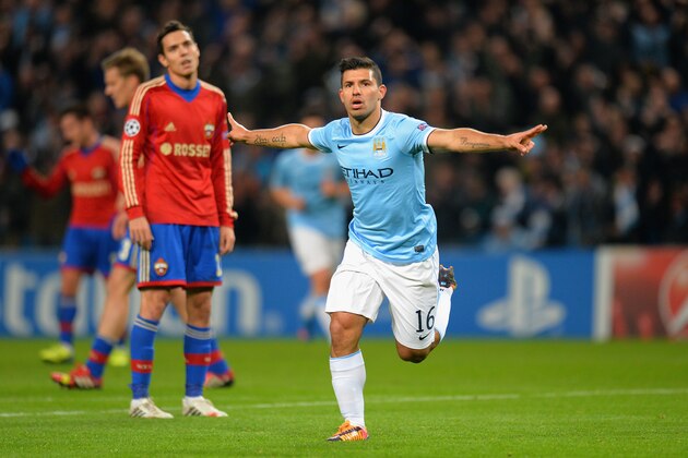 MANCHESTER, ENGLAND - NOVEMBER 05:  Sergio Aguero of Manchester City celebrates scoring the second goal  during the UEFA Champions League Group D match between Manchester City and CSKA Moscow at the  Etihad Stadium on November 5, 2013 in Manchester, England.  (Photo by Shaun Botterill/Getty Images)