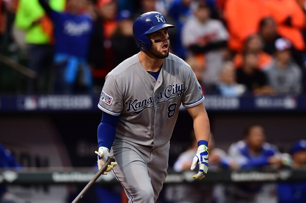 BALTIMORE, MD - OCTOBER 11:  Mike Moustakas #8 of the Kansas City Royals hits a home run to right field in the fourth inning against Bud Norris #25 of the Baltimore Orioles during Game Two of the American League Championship Series at Oriole Park at Camden Yards on October 11, 2014 in Baltimore, Maryland.  (Photo by Patrick Smith/Getty Images)