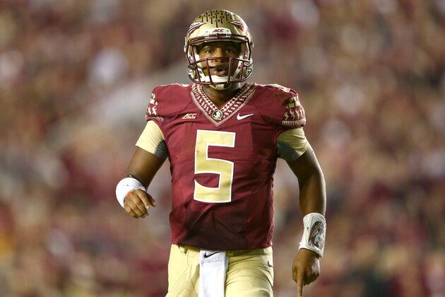 TALLAHASSEE, FL - OCTOBER 18:  Jameis Winston #5 of the Florida State Seminoles reacts after a play against the Notre Dame Fighting Irish during their game at Doak Campbell Stadium on October 18, 2014 in Tallahassee, Florida.  (Photo by Streeter Lecka/Getty Images)