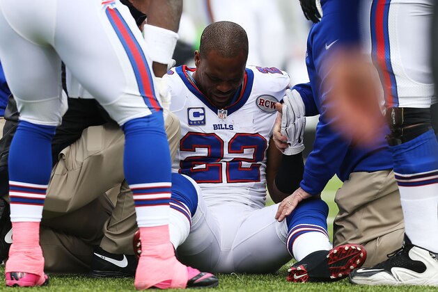 ORCHARD PARK, NY - OCTOBER 19:  Fred Jackson #22 of the Buffalo Bills sits on the field after being injured against the Minnesota Vikings during the first half at Ralph Wilson Stadium on October 19, 2014 in Orchard Park, New York.  (Photo by Brett Carlsen/Getty Images)