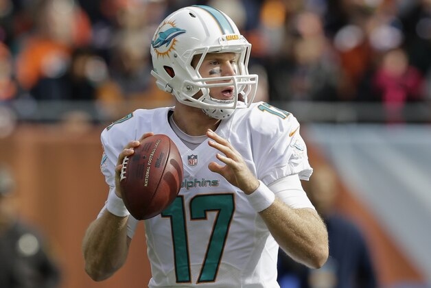 Miami Dolphins quarterback Ryan Tannehill (17) looks for a receiver during the first half of an NFL football game against the Chicago Bears Sunday, Oct. 19, 2014 in Chicago. (AP Photo/Nam Y. Huh)