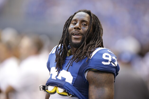 Indianapolis Colts outside linebacker Erik Walden on the bench during the second half of an NFL football game against the Tennessee Titans in Indianapolis, Sunday, Sept. 28, 2014. The Colts defeated the Titans 41-17.  (AP Photo/Darron Cummings)