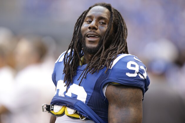 Indianapolis Colts outside linebacker Erik Walden on the bench during the second half of an NFL football game against the Tennessee Titans in Indianapolis, Sunday, Sept. 28, 2014. The Colts defeated the Titans 41-17.  (AP Photo/Darron Cummings)