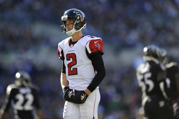 Atlanta Falcons quarterback Matt Ryan stands on the field in the second half of an NFL football game against the Baltimore Ravens, Sunday, Oct. 19, 2014, in Baltimore. (AP Photo/Gail Burton)