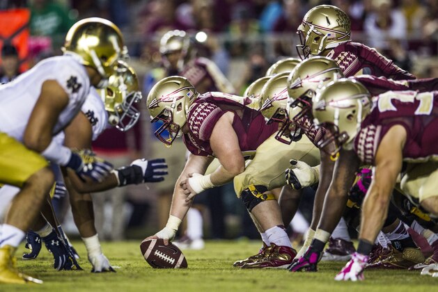 Florida State lines up against Notre Dame in the second half of an NCAA college football game  in Tallahassee, Fla., Saturday, Oct. 18, 2014.  Florida State defeated Notre Dame 31-27.  (AP Photo/Mark Wallheiser)