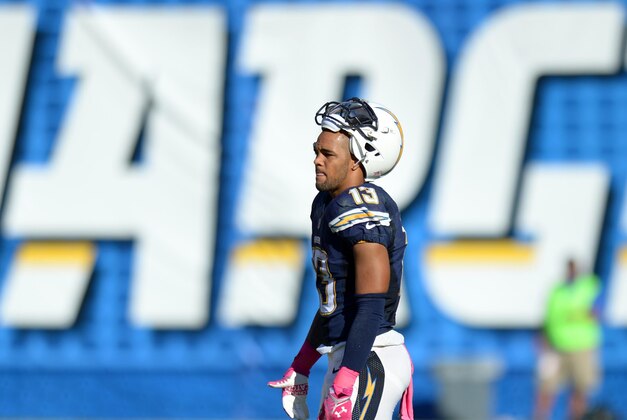 Oct 5, 2014; San Diego, CA, USA; San Diego Chargers wide receiver Keenan Allen (13) during the fourth quarter against the New York Jets at Qualcomm Stadium. Mandatory Credit: Jake Roth-USA TODAY Sports