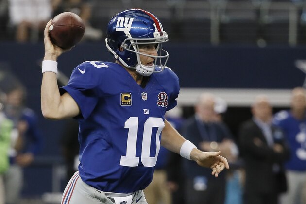 New York Giants quarterback Eli Manning (10) throws to a receiver during the second half of an NFL football game against the Dallas Cowboys, Sunday, Oct.  19, 2014, in Arlington, Texas. (AP Photo/Brandon Wade)