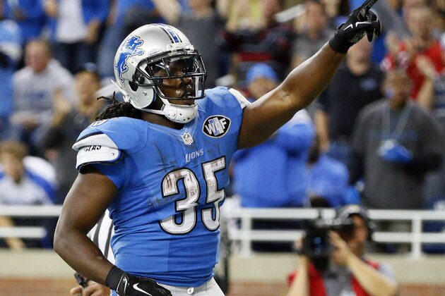 Detroit Lions running back Joique Bell (35) reacts after his 1-yard touchdown run during the second half of an NFL football game against the New Orleans Saints in Detroit, Sunday, Oct. 19, 2014. (AP Photo/Rick Osentoski)