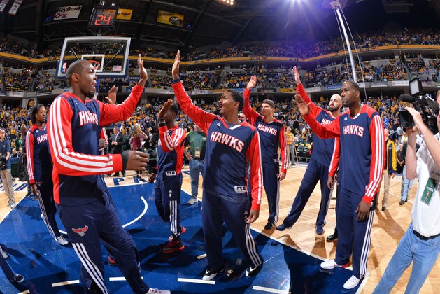 INDIANAPOLIS, IN- APRIL 22:  The Atlanta Hawks run out on the court before Game Two of the Eastern Conference Quarterfinals against the Indiana Pacers during the 2014 NBA Playoffs at the Bankers Life Fieldhouse on April 22, 2014 in Oklahoma City, Oklahoma. NOTE TO USER:  User expressly acknowledges and agrees that, by downloading and/or using this photograph, user is consenting to the terms and conditions of the Getty Images License Agreement. Mandatory Copyright Notice:  Copyright 2014 NBAE (Photo by Jesse D. Garrabrant/NBAE via Getty Images)