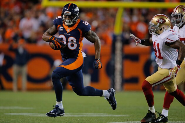 DENVER, CO - OCTOBER 19:  Wide receiver Demaryius Thomas #88 of the Denver Broncos runs for yards after the catch on a 32 yard play against the San Francisco 49ers at Sports Authority Field at Mile High on October 19, 2014 in Denver, Colorado.  (Photo by Doug Pensinger/Getty Images)
