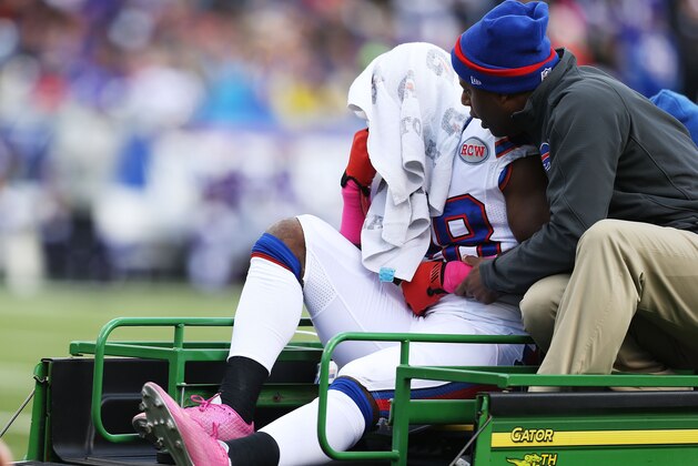 ORCHARD PARK, NY - OCTOBER 19:  C.J. Spiller #28 of the Buffalo Bills is carted off the field after an injury against the Minnesota Vikings during the first half at Ralph Wilson Stadium on October 19, 2014 in Orchard Park, New York.  (Photo by Brett Carlsen/Getty Images)