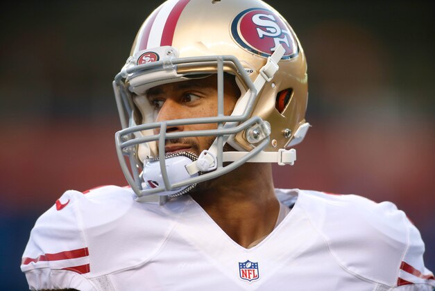 Oct 19, 2014; Denver, CO, USA; San Francisco 49ers quarterback Colin Kaepernick (7) prior to the game against the Denver Broncos at Sports Authority Field at Mile High. Mandatory Credit: Chris Humphreys-USA TODAY Sports
