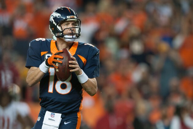 DENVER, CO - OCTOBER 19: Quarterback Peyton Manning #18 of the Denver Broncos drops back to throw on what would be his 509th career touchdown pass in the second quarter of a game against the San Francisco 49ers at Sports Authority Field at Mile High on October 19, 2014 in Denver, Colorado. (Photo by Dustin Bradford/Getty Images) DENVER, CO - OCTOBER 19: Quarterback Peyton Manning #18 of the Denver Broncos drops back to throw on what would be his 509th career touchdown pass in the second quarter of a game against the San Francisco 49ers at Sports Authority Field at Mile High on October 19, 2014 in Denver, Colorado. (Photo by Dustin Bradford/Getty Images)
