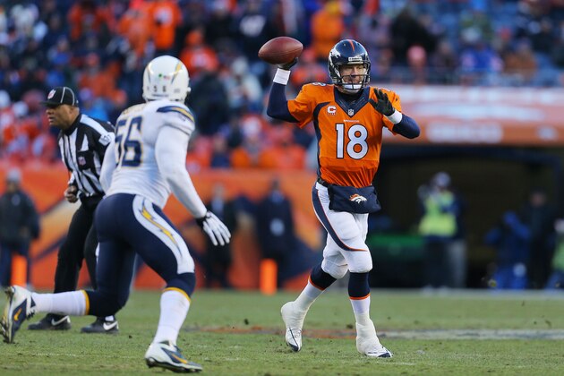 DENVER, CO - JANUARY 12:  Peyton Manning #18 of the Denver Broncos looks to pass against the San Diego Chargers during the AFC Divisional Playoff Game at Sports Authority Field at Mile High on January 12, 2014 in Denver, Colorado.  (Photo by Justin Edmonds/Getty Images)