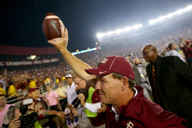 TALLAHASSEE, FL - OCTOBER 18:  Head coach Jimbo Fisher of the Florida State Seminoles celebrates after defeating the Notre Dame Fighting Irish 31-27 at Doak Campbell Stadium on October 18, 2014 in Tallahassee, Florida.  (Photo by Streeter Lecka/Getty Images)