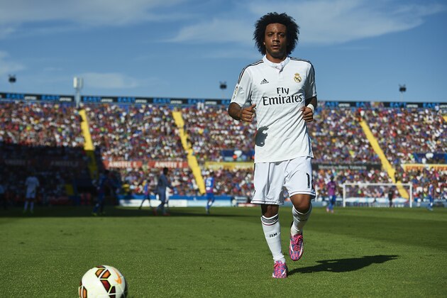VALENCIA, SPAIN - OCTOBER 18: Marcelo of Real Madrid looks on during the La Liga match between Levante UD and Real Madrid at Ciutat de Valencia on October 18, 2014 in Valencia, Spain.  (Photo by Manuel Queimadelos Alonso/Getty Images)