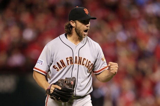 ST LOUIS, MO - OCTOBER 11:  Madison Bumgarner #40 of the San Francisco Giants celebrates the final out of the seventh inning against the St. Louis Cardinals during Game One of the National League Championship Series at Busch Stadium on October 11, 2014 in St Louis, Missouri.  (Photo by Jamie Squire/Getty Images)