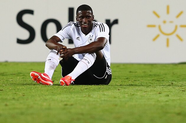 NETANYA, ISRAEL - JUNE 09: Antonio Ruediger of Germany reacts after the UEFA European U21 Champiosnship Group B match between Germany and Spain at Netanya Stadium on June 9, 2013 in Netanya, Israel.  (Photo by Alex Grimm/Getty Images)