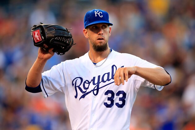KANSAS CITY, MO - AUGUST 09:  Starting pitcher James Shields #33 of the Kansas City Royals walks off the mound after the top of the 7th inning of the game against the San Francisco Giants at Kauffman Stadium on August 9, 2014 in Kansas City, Missouri.  (Photo by Jamie Squire/Getty Images)