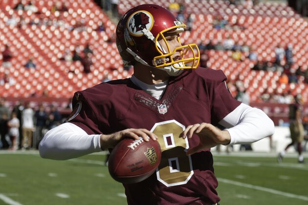 Washington Redskins quarterback Kirk Cousins (8) warms up before an NFL football game against the Tennessee Titans, Sunday, Oct. 19, 2014, in Landover, Md. (AP Photo/Pablo Martinez Monsivais)