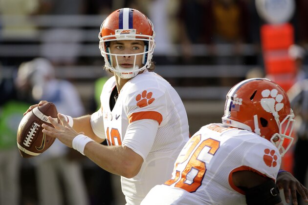 Clemson quarterback Cole Stoudt (18) drops back to pass during the first quarter of an NCAA college football game against Boston College, Saturday, Oct. 18, 2014, in Boston. (AP Photo/Stephan Savoia)
