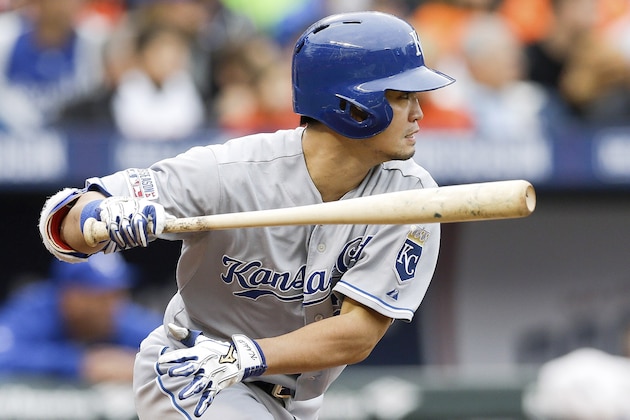 Kansas City Royals' Norichika Aoki hits a single during the first inning of Game 2 of the American League baseball championship series against the Baltimore Orioles Saturday, Oct. 11, 2014, in Baltimore. (AP Photo/Patrick Semansky)