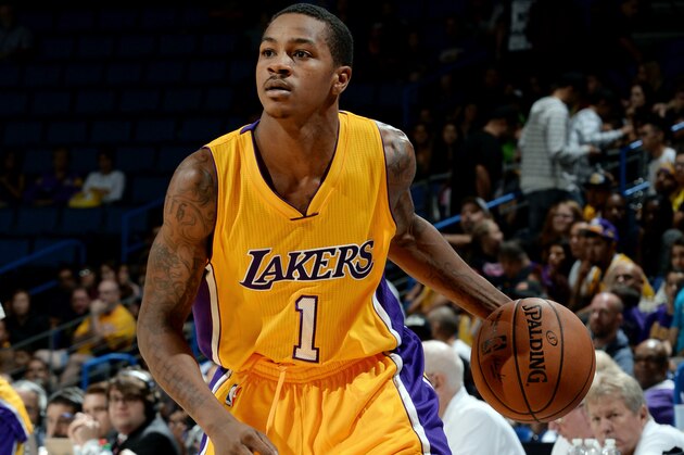 ONTARIO, CA - OCTOBER 12:  Keith Appling #1 of the Los Angeles Lakers handles the ball during the game against the Golden State Warriors on October 12, 2014 at Citizens Business Bank Arena in Ontario, California. NOTE TO USER: User expressly acknowledges and agrees that, by downloading and/or using this Photograph, user is consenting to the terms and conditions of the Getty Images License Agreement. Mandatory Copyright Notice: Copyright 2014 NBAE (Photo by Noah Graham/NBAE via Getty Images)