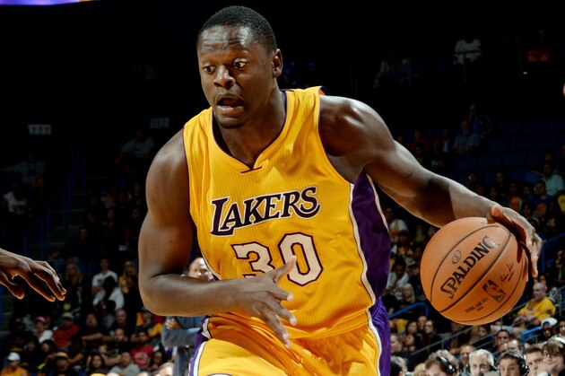 ONTARIO, CA - OCTOBER 12:  Julius Randle #30 of the Los Angeles Lakers handles the ball during the game against the Golden State Warriors on October 12, 2014 at Citizens Business Bank Arena in Ontario, California. NOTE TO USER: User expressly acknowledges and agrees that, by downloading and/or using this Photograph, user is consenting to the terms and conditions of the Getty Images License Agreement. Mandatory Copyright Notice: Copyright 2014 NBAE (Photo by Noah Graham/NBAE via Getty Images)