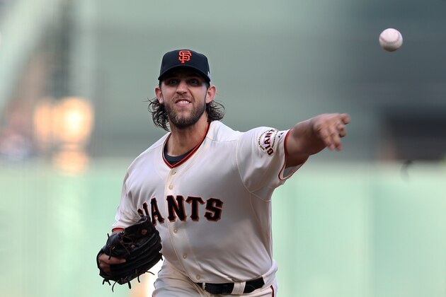 San Francisco Giants starting pitcher Madison Bumgarner throws during the first inning of Game 5 of the National League baseball championship series against the St. Louis Cardinals Thursday, Oct. 16, 2014, in San Francisco. (AP Photo/Christian Petersen, Pool) San Francisco Giants starting pitcher Madison Bumgarner throws during the first inning of Game 5 of the National League baseball championship series against the St. Louis Cardinals Thursday, Oct. 16, 2014, in San Francisco. (AP Photo/Christian Petersen, Pool)