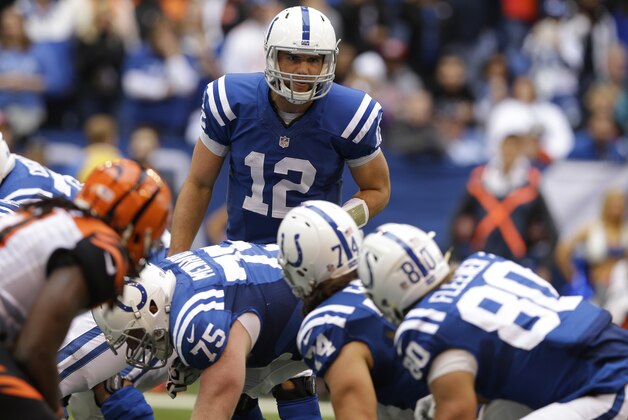 Indianapolis Colts quarterback Andrew Luck (12) calls a play during the first half of an NFL football game against the Cincinnati Bengals Sunday, Oct. 19, 2014, in Indianapolis. (AP Photo/Michael Conroy)