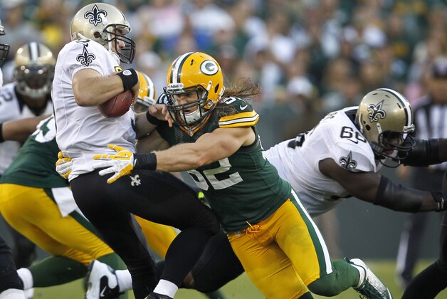 Green Bay Packers outside linebacker Clay Matthews sacks New Orleans Saints quarterback Drew Brees during the second half of an NFL football game Sunday, Sept. 30, 2012 in Green Bay, Wis. The Packers won 28-27.(AP Photo/Mike Roemer)