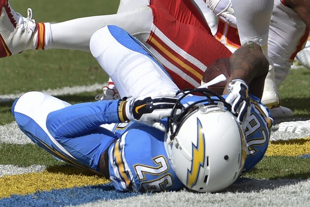 San Diego Chargers cornerback Brandon Flowers touches his helmet as he goes down after a collision with Kansas City Chiefs running back Jamaal Charles on the goal line during the first half of an NFL football game Sunday, Oct. 19, 2014, in San Diego. Flowers was injured on the play. (AP Photo/Denis Poroy)