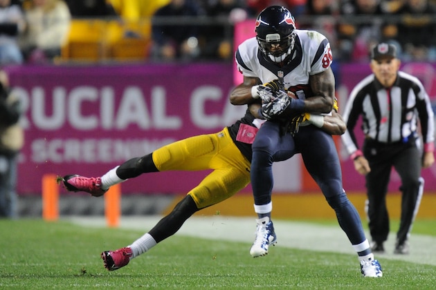 Houston Texans wide receiver Andre Johnson (80) makes a catch in front of Pittsburgh Steelers cornerback Brice McCain (25) in the fourth quarter of the NFL football game, Monday, Oct. 20, 2014 in Pittsburgh. (AP Photo/Don Wright) Houston Texans wide receiver Andre Johnson (80) makes a catch in front of Pittsburgh Steelers cornerback Brice McCain (25) in the fourth quarter of the NFL football game, Monday, Oct. 20, 2014 in Pittsburgh. (AP Photo/Don Wright)