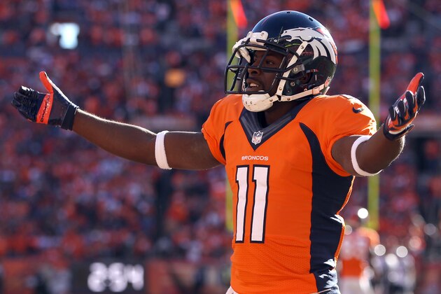 DENVER, CO - JANUARY 19:   Trindon Holliday #11 of the Denver Broncos reacts in the second quarter against the New England Patriots during the AFC Championship game at Sports Authority Field at Mile High on January 19, 2014 in Denver, Colorado.  (Photo by Doug Pensinger/Getty Images)