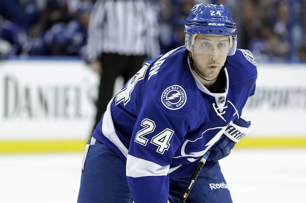 Tampa Bay Lightning right wing Ryan Callahan (24) during the third period of an NHL hockey game against the Toronto Maple Leafs Tuesday, April 8, 2014, in Tampa, Fla. (AP Photo/Chris O'Meara)