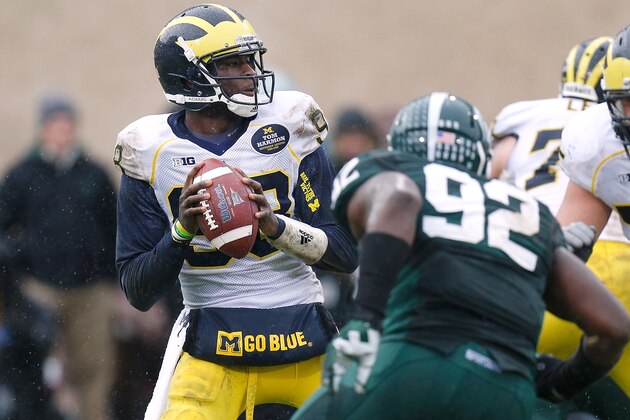 EAST LANSING, MI - NOVEMBER 02:  Devin Gardner #98 of the Michigan Wolverines looks to pass against the Michigan State Spartans during the second quarter at Spartan Stadium on November 2, 2013 in East Lansing, Michigan. (Photo by Gregory Shamus/Getty Images)
