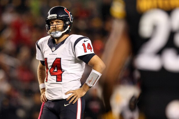 Oct 20, 2014; Pittsburgh, PA, USA; Houston Texans quarterback Ryan Fitzpatrick (14) looks on after a turnover against the Pittsburgh Steelers during the second half at Heinz Field. The Steelers won the game, 30-23. Mandatory Credit: Jason Bridge-USA TODAY Sports