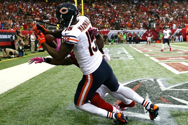 ATLANTA, GA - OCTOBER 12:  Robert Alford #23 of the Atlanta Falcons breaks up a touchdown reception intended for Brandon Marshall #15 of the Chicago Bears at Georgia Dome on October 12, 2014 in Atlanta, Georgia.  (Photo by Kevin C. Cox/Getty Images)