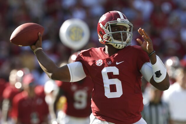 Alabama quarterback Blake Sims (6) throws a pass during the first half of an NCAA college football game against Texas A&M on Saturday, Oct. 18, 2014, in Tuscaloosa, Ala. (AP Photo/Butch Dill)
