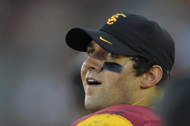 Southern California quarterback Cody Kessler looks on from the sideline during the second half of an NCAA college football game against Colorado, Saturday, Oct. 18, 2014, in Los Angeles. USC won 56-28. (AP Photo/Mark J. Terrill)