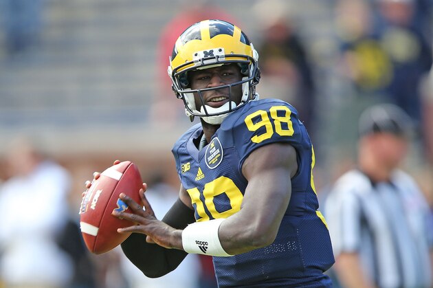 ANN ARBOR, MI - SEPTEMBER 13: Devin Gardner #98 of the Michigan Wolverines warms up prior to the start of the game against the Miami University Redhawks at Michigan Stadium on September 13, 2014 in Ann Arbor, Michigan.  (Photo by Leon Halip/Getty Images)